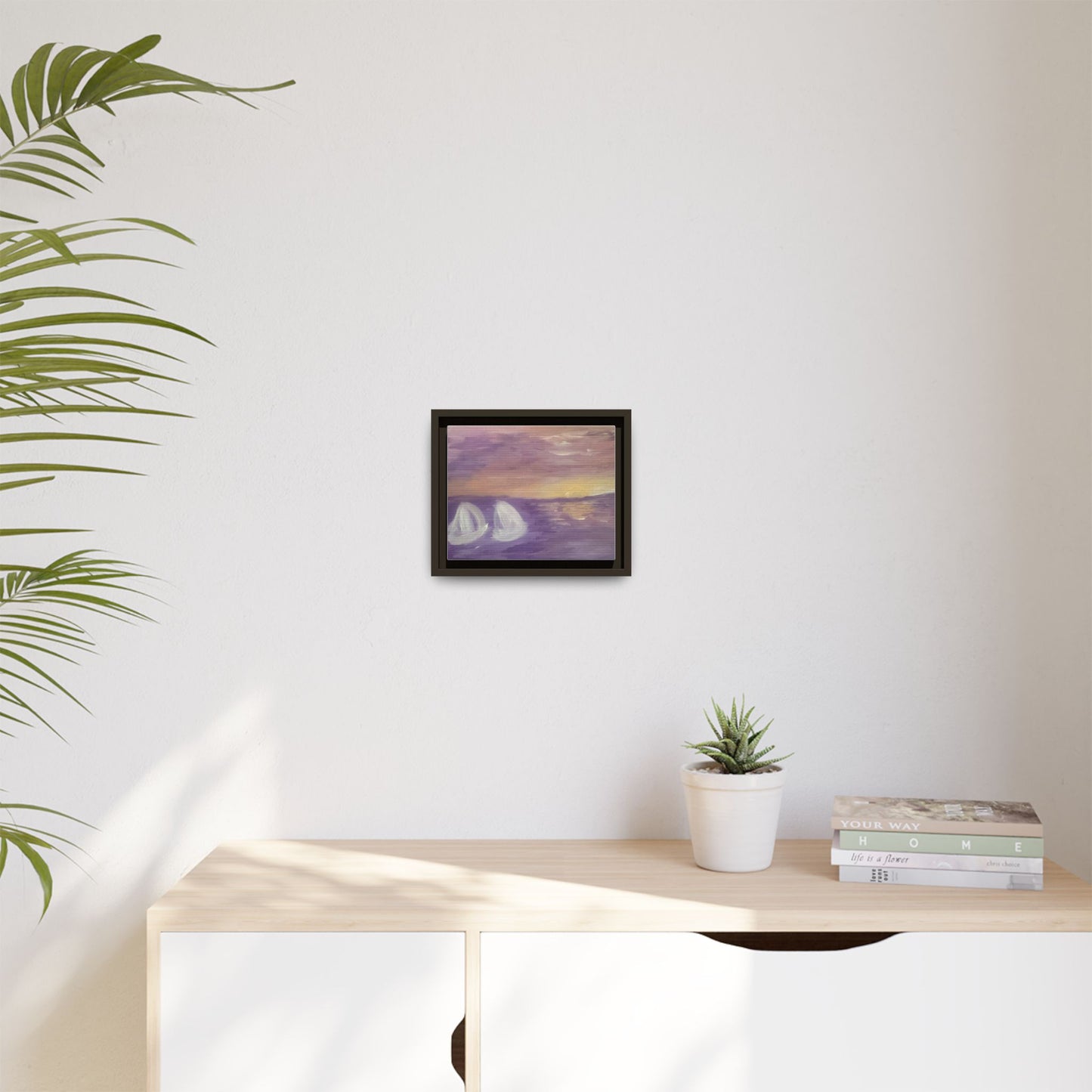 Sunset Sailboat Matte Canvas Framed Wall Art — Purple Seascape Print