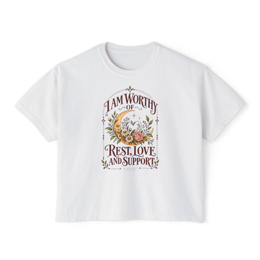 I Am Worthy of Rest, Love and Support Tee, moon floral boxy t-shirt – photo 1 of 7
