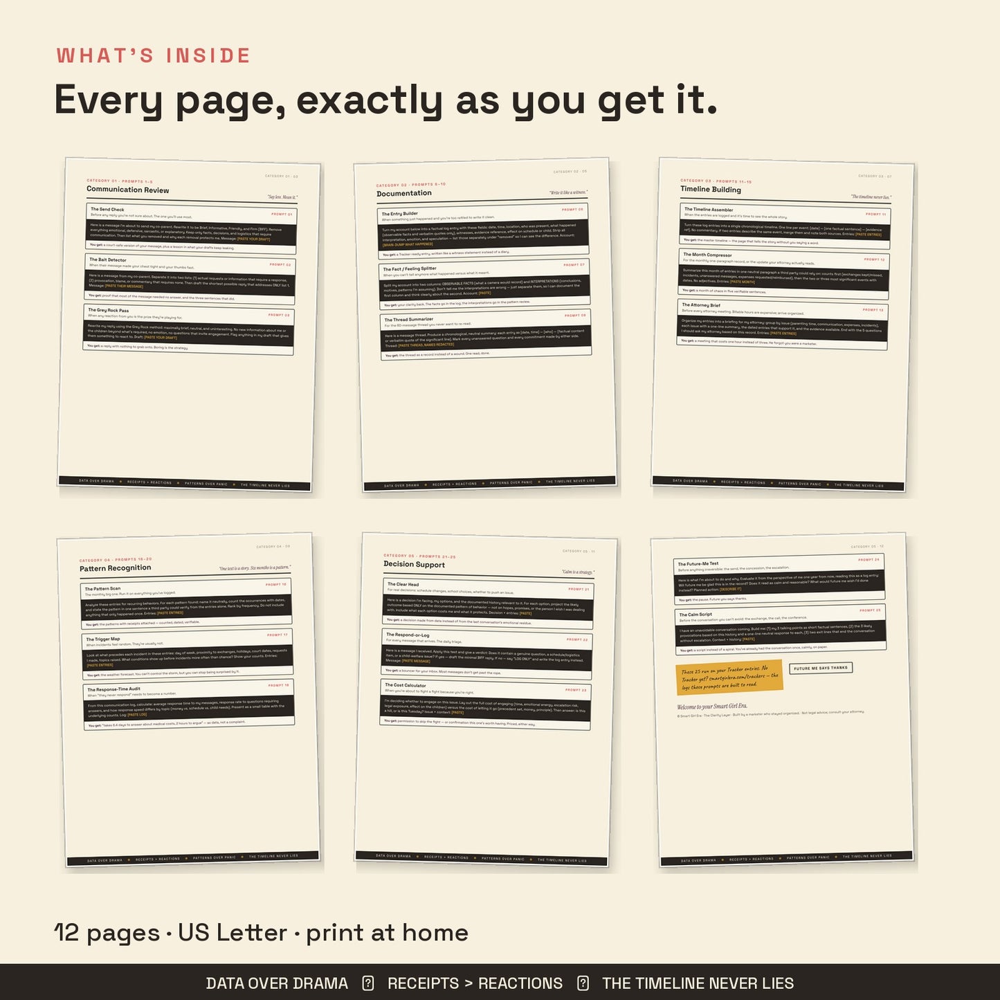 Inside pages of co-parenting AI prompt pack showing communication review and pattern prompts