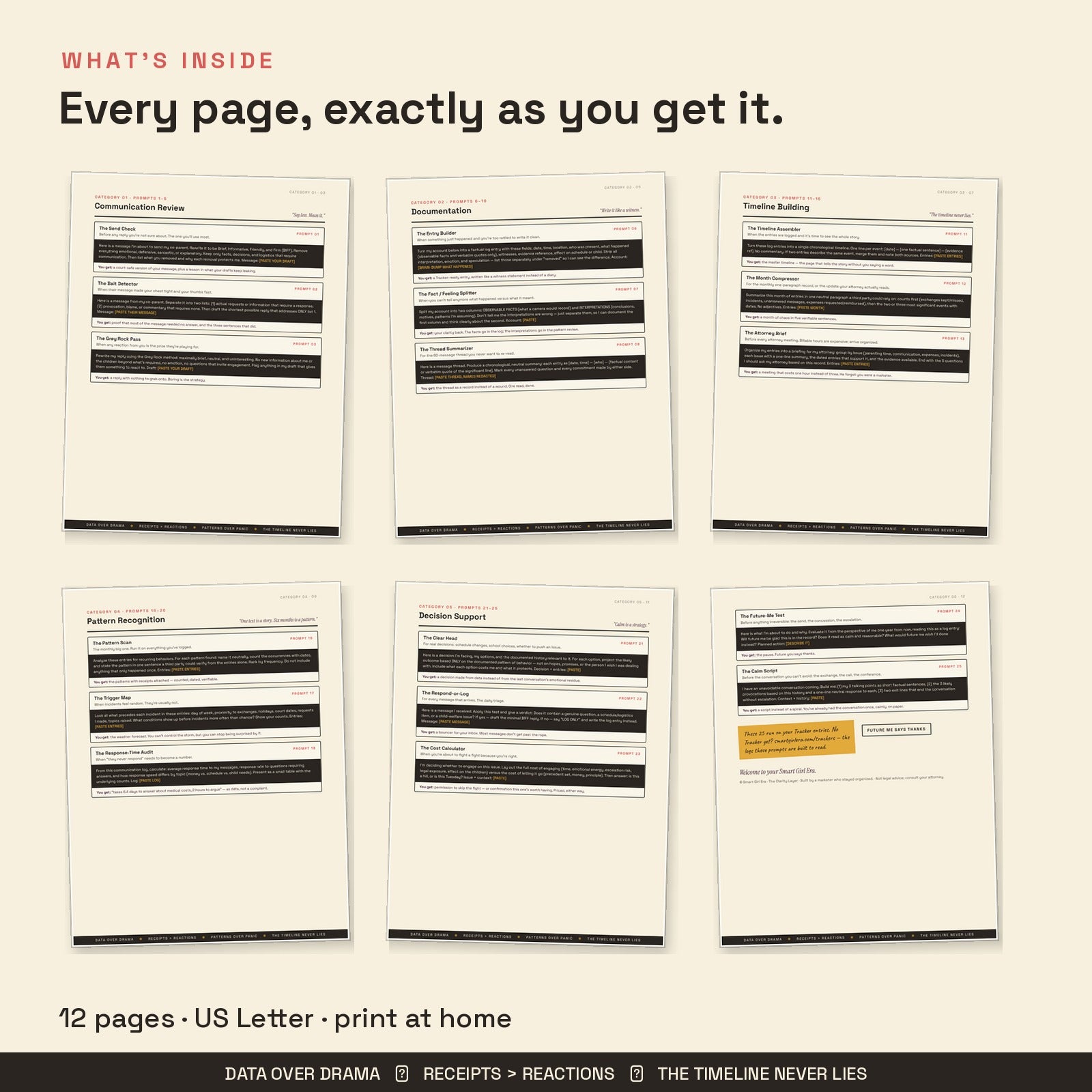 Inside pages of co-parenting AI prompt pack showing communication review and pattern prompts