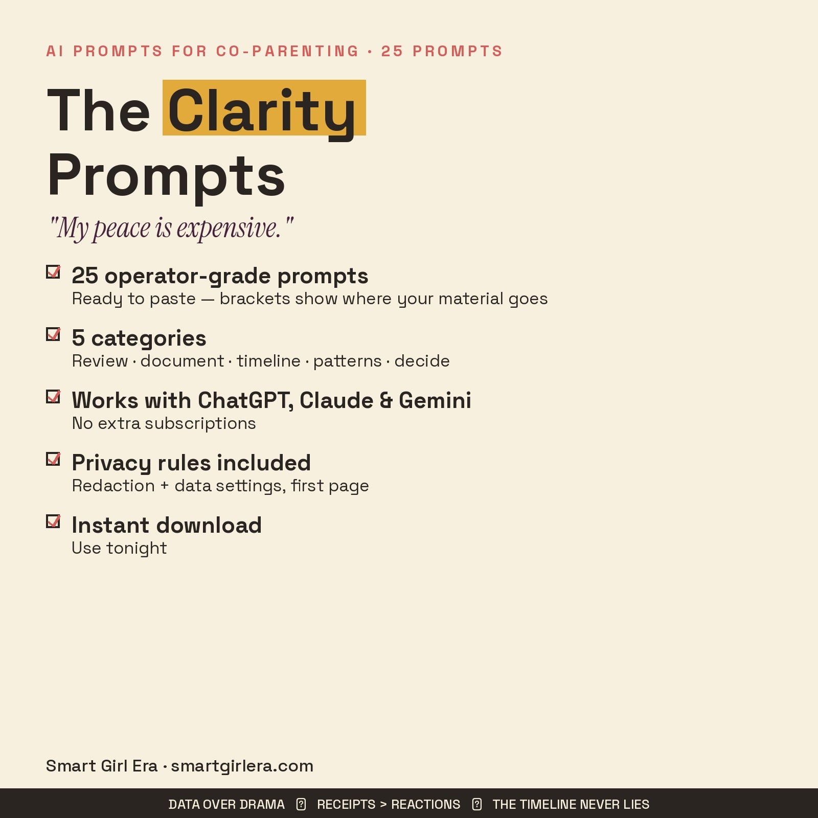 What's included: 25 prompts, 5 categories, privacy rules, works with ChatGPT Claude Gemini