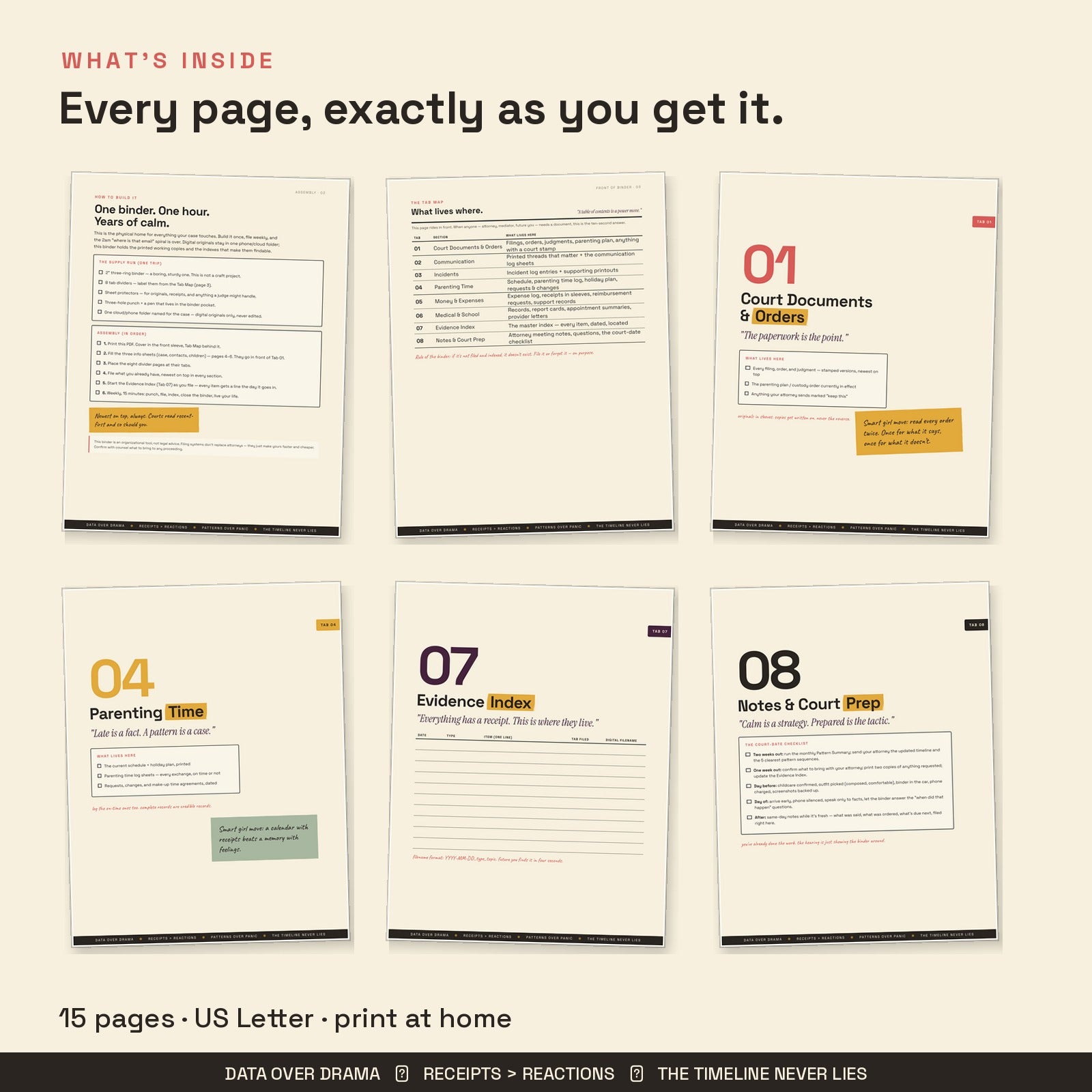 Inside pages of custody binder: tab dividers, case information sheet, evidence index