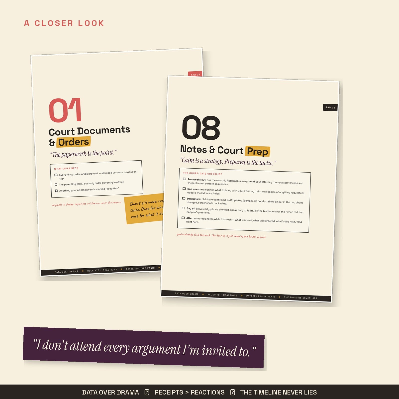 Close-up of binder tab divider and court date prep checklist