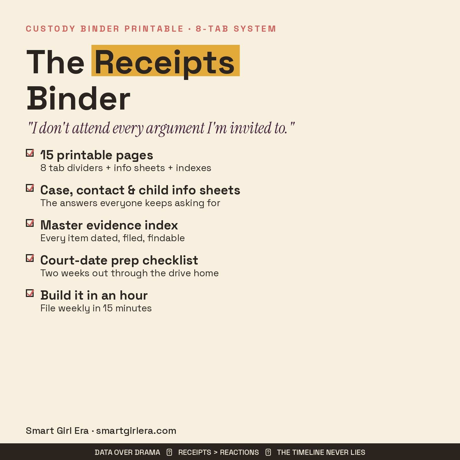 What's included in custody binder printable: 15 pages, 8 tabs, info sheets, evidence index
