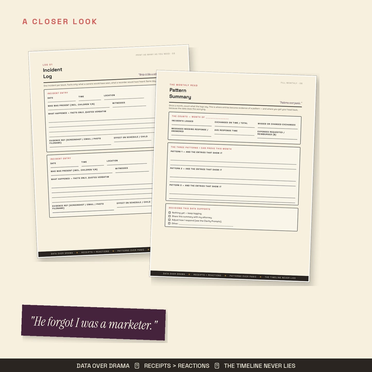 Close-up of incident log and monthly pattern summary pages