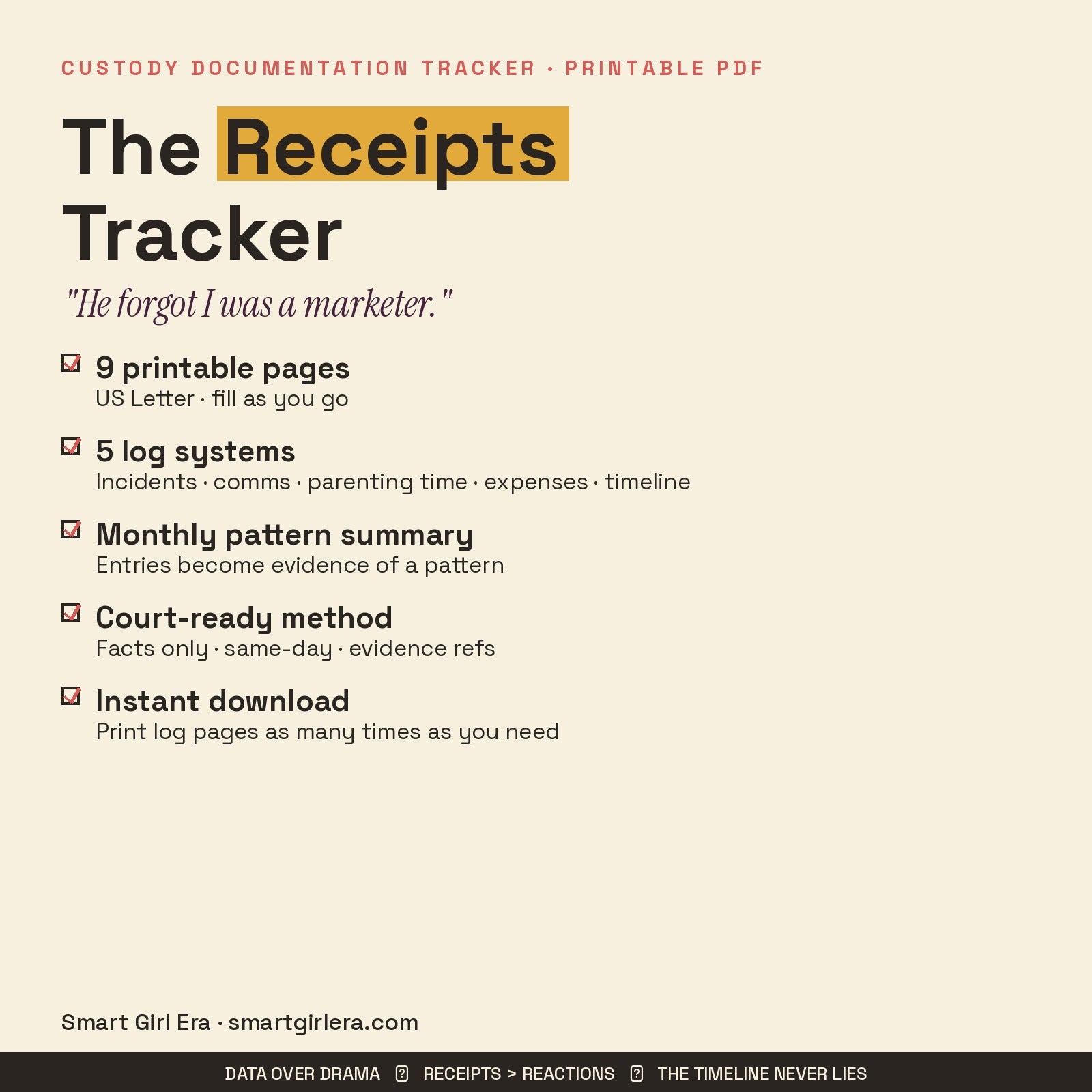 What's included in the custody documentation tracker: 9 pages, 5 log systems, pattern summary